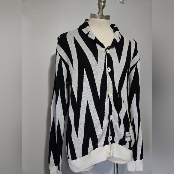 SUPREMEBEING Cotton Black and White Zigzag Knit Cardigan. Size XL - Picture 2 of 13